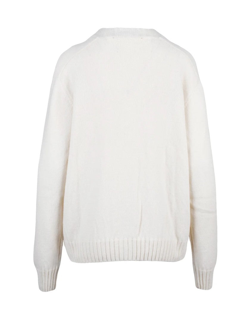 Amaranto White Crew Neck Wool-Cashmere Cardigan