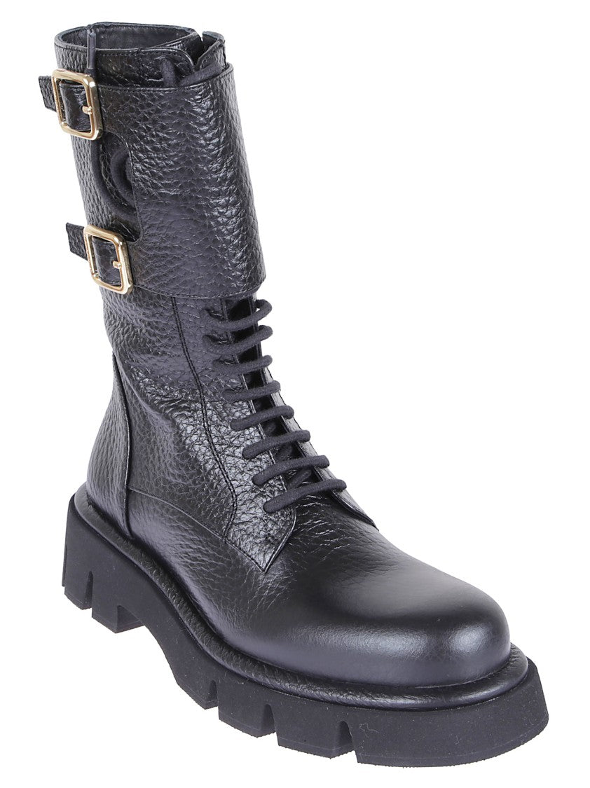 Paloma Barceló Hammered Leather Combat Boots With Side Zip And Buckle Straps