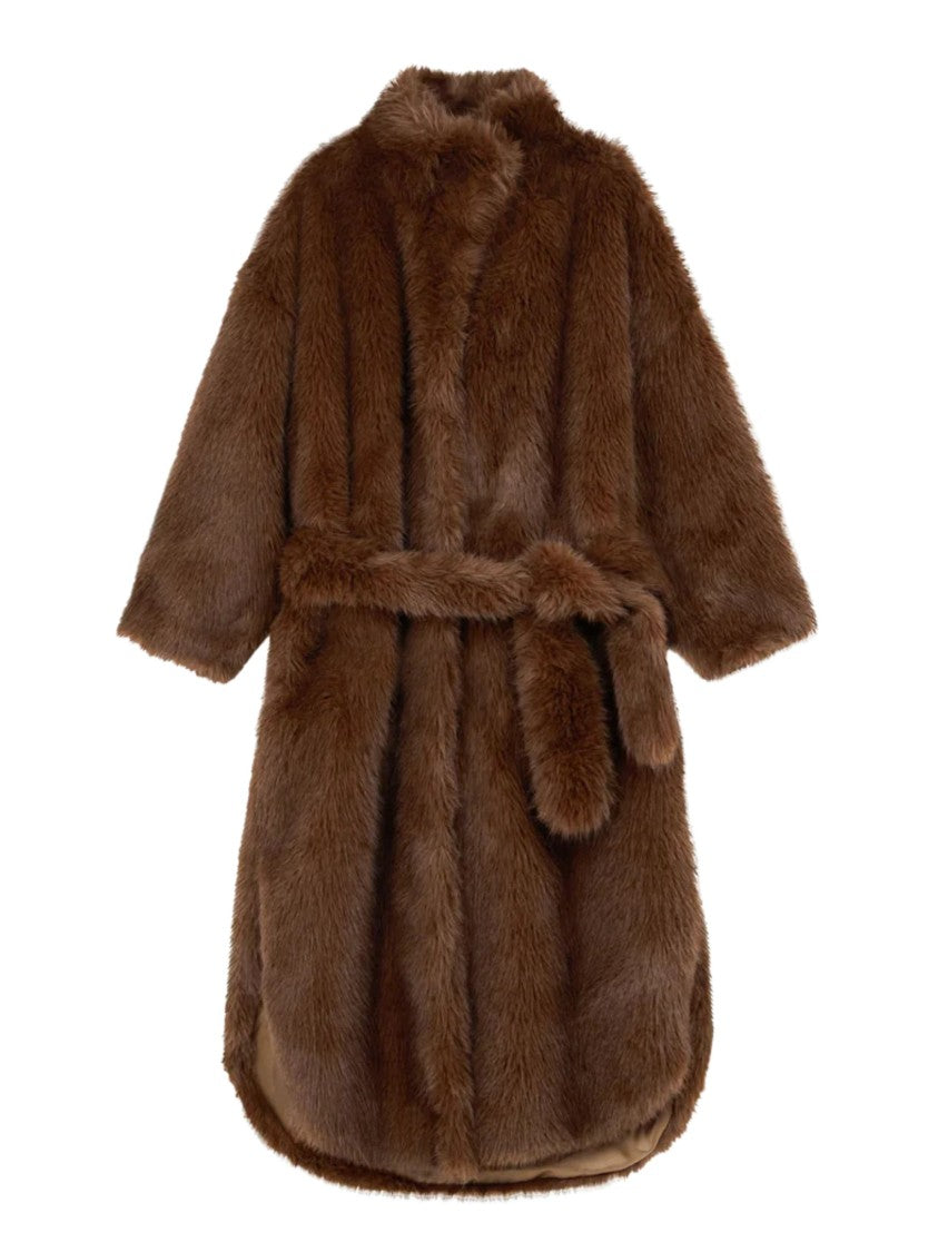 The Frankie Shop Brown High Collar Faux Fur Coat