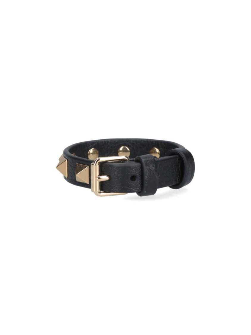 Valentino Garavani Rockstud Black Leather Bracelet With Gold Metal Studs