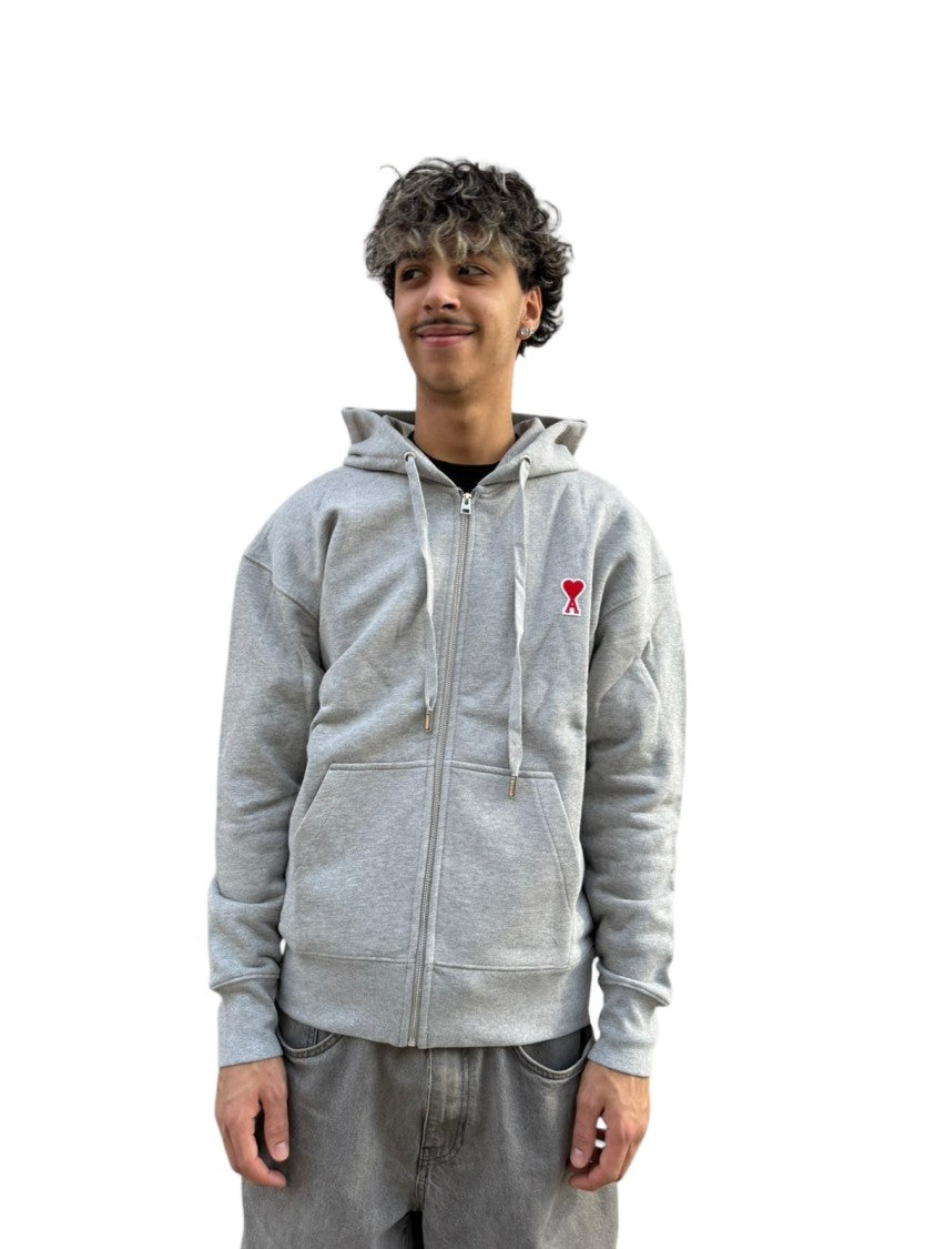Ami Paris Light Grey Zip-Up Hoodie With Drawstring Hood