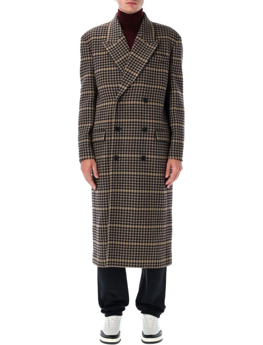 Saint Laurent Checked Wool Long Coat