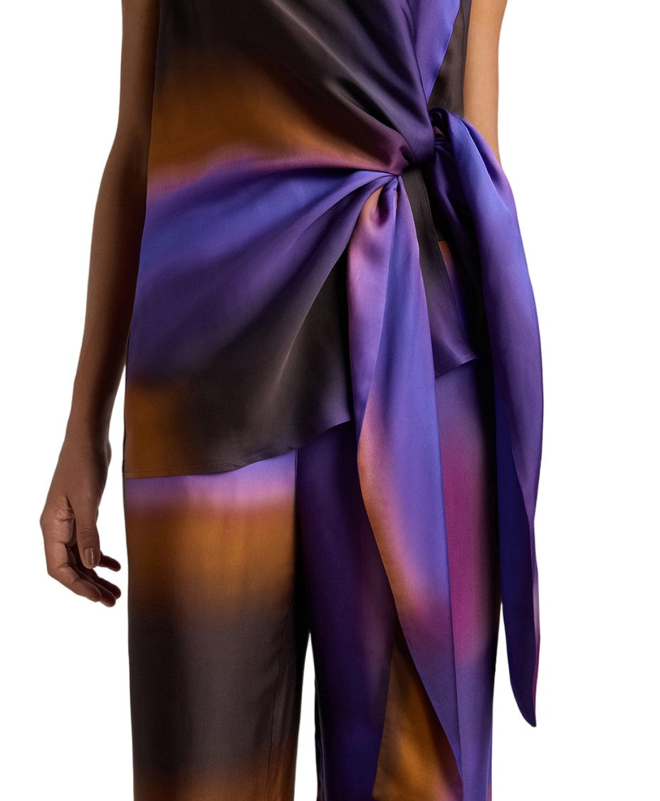 Momonì Viscose Satin Torchon Waist Print Sleeveless Blouse
