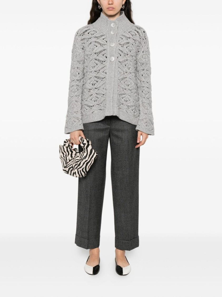 Tabaroni Cashmere Knitted Grey Cardigan With Textured Openwork Pattern