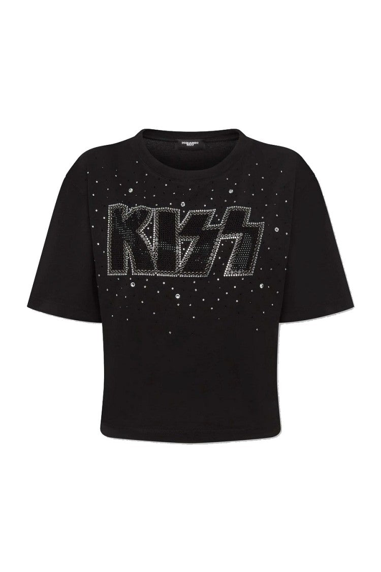 Dsquared2 Black Kiss X D2 Rhinestone Logo Cropped Cotton T-Shirt