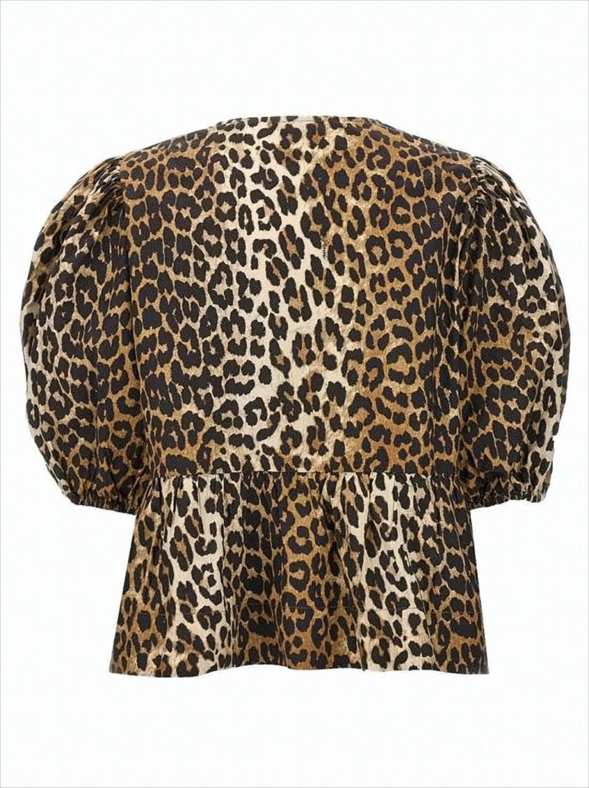 Ganni Leopard Print Blouse With Puff Sleeves And Peplum Hem