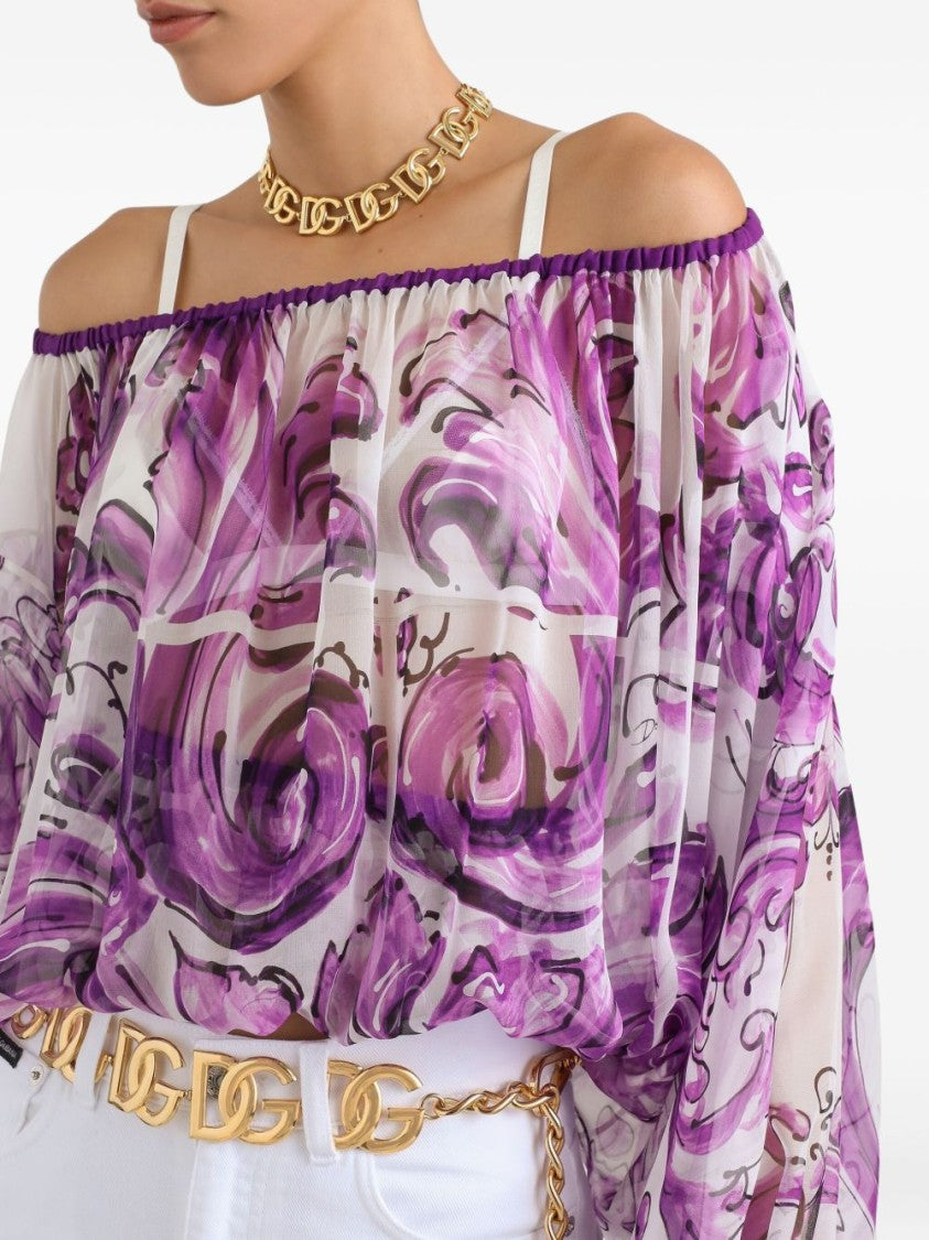Dolce & Gabbana Majolica Print Silk Chiffon Top