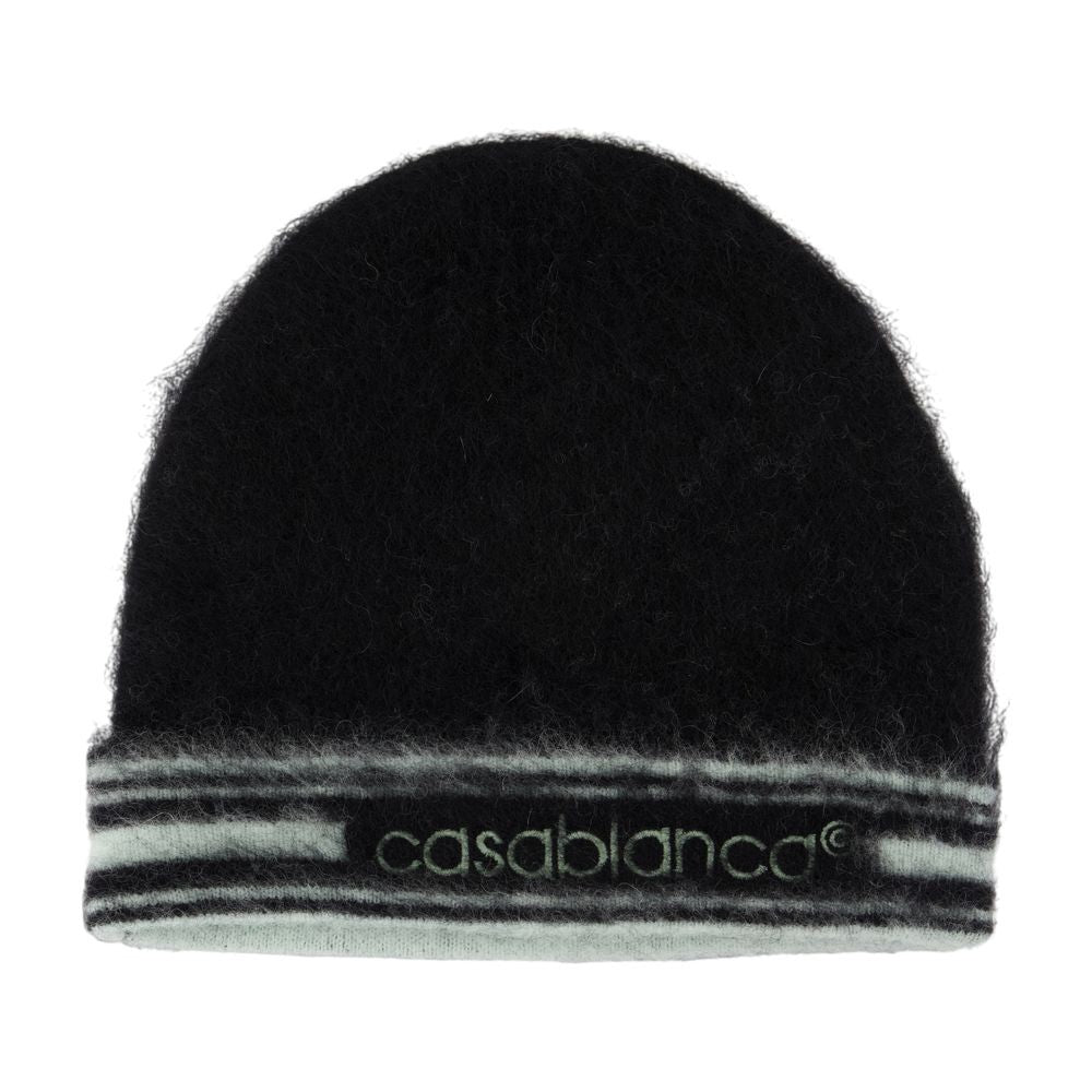 Casablanca Fuzzy Black Mohair Beanie With Contrasting Stripes