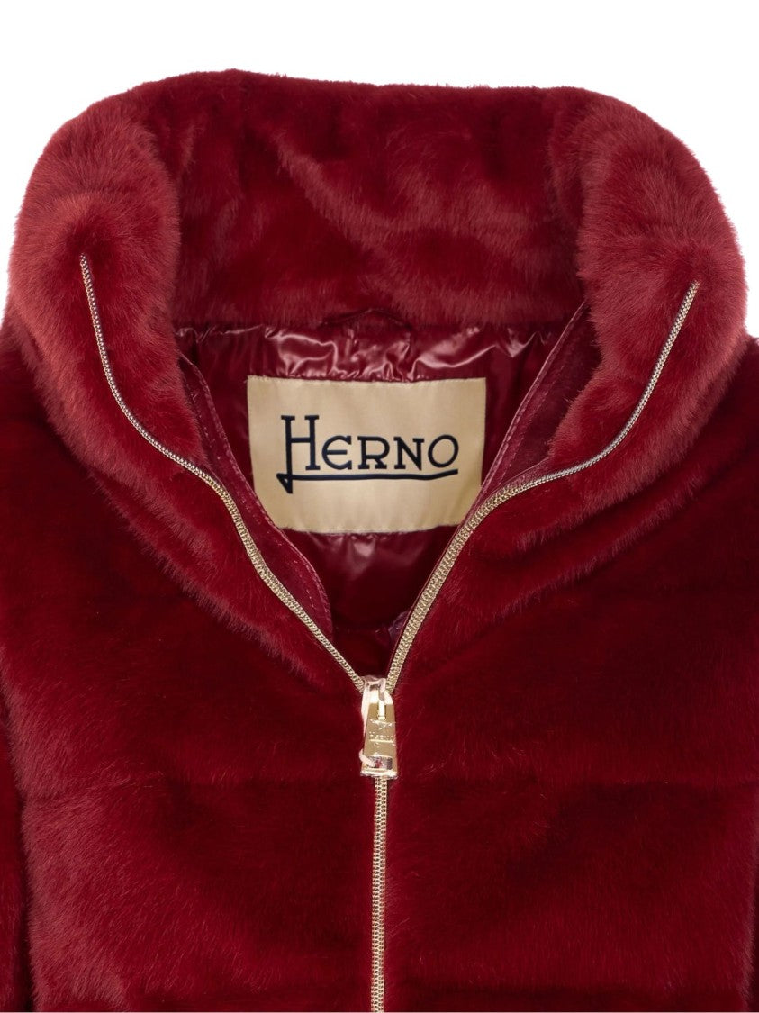 Herno Plush Red Synthetic Fur Jacket With High Collar