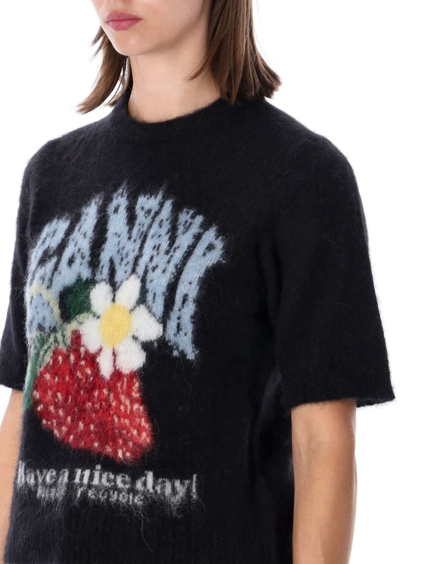 Ganni Fuzzy Black Knit Top With Strawberry Graphic
