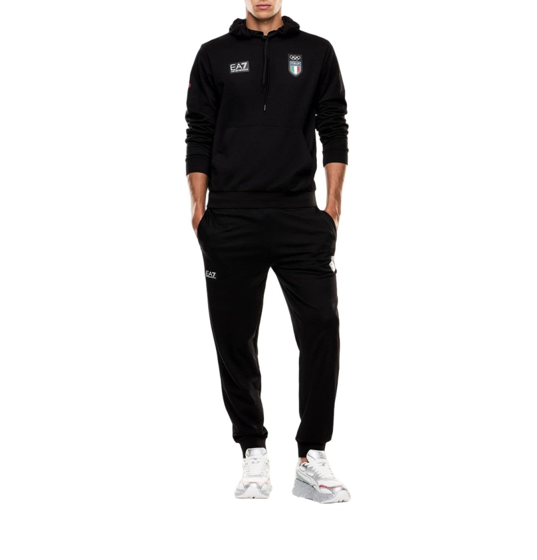 Ea7 Emporio Armani Italia Letter-Emblazoned Black Hoodie With Drawstring Design