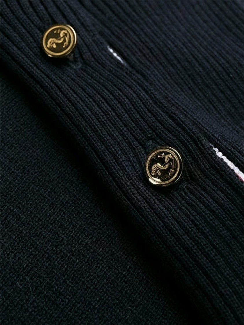 Thom Browne Black Cotton Sweater With Striped Detailing And Button Accents