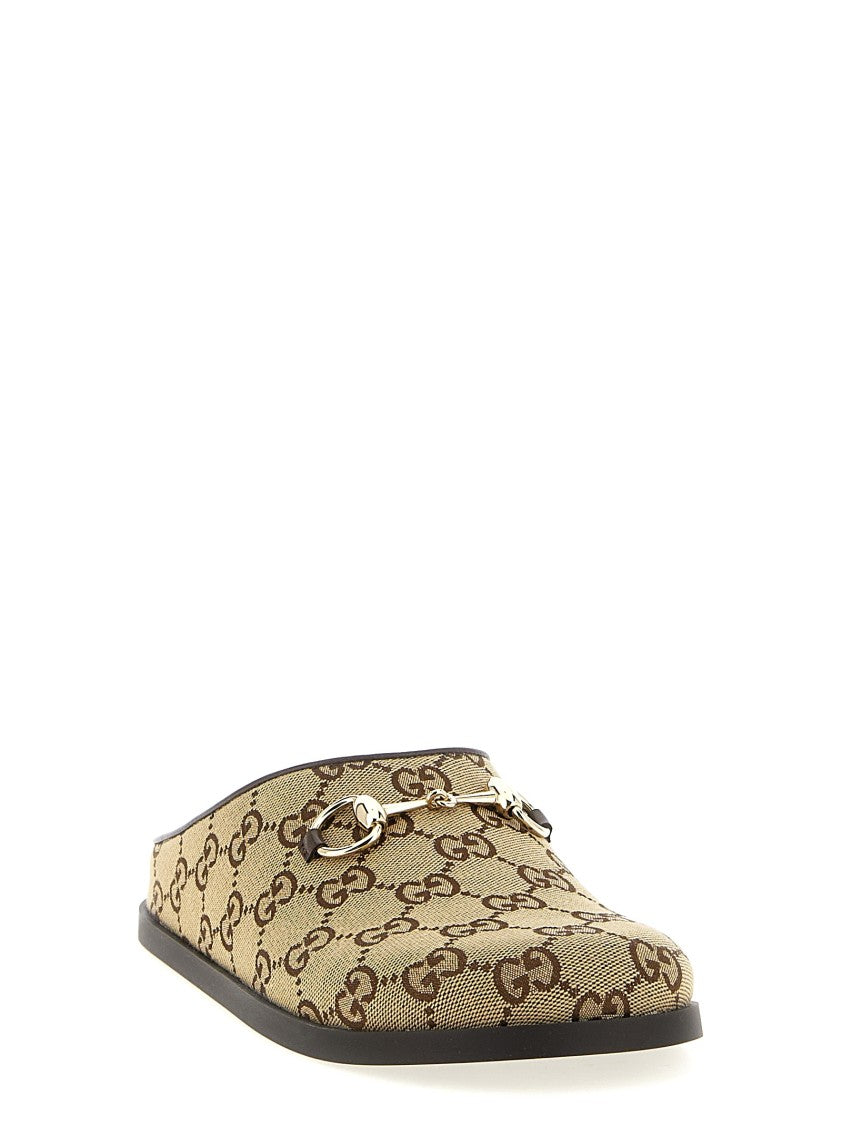 Gucci Gg Fabric Sabots With Leather Trim And Iconic Horsebit Detail