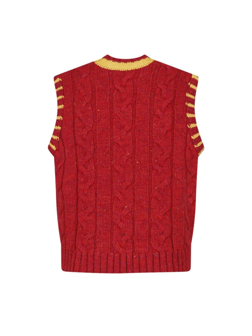 Erl Vibrant Red Cable Knit Vest With Contrast Trim