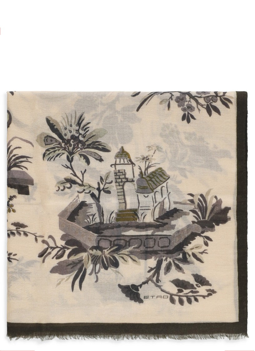 Etro Rectangular Wool Scarf With Botanical And Architectural Print