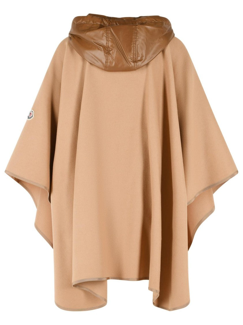 Moncler Beige Virgin Wool Blend Cape With Removable Hood And Iconic Logo