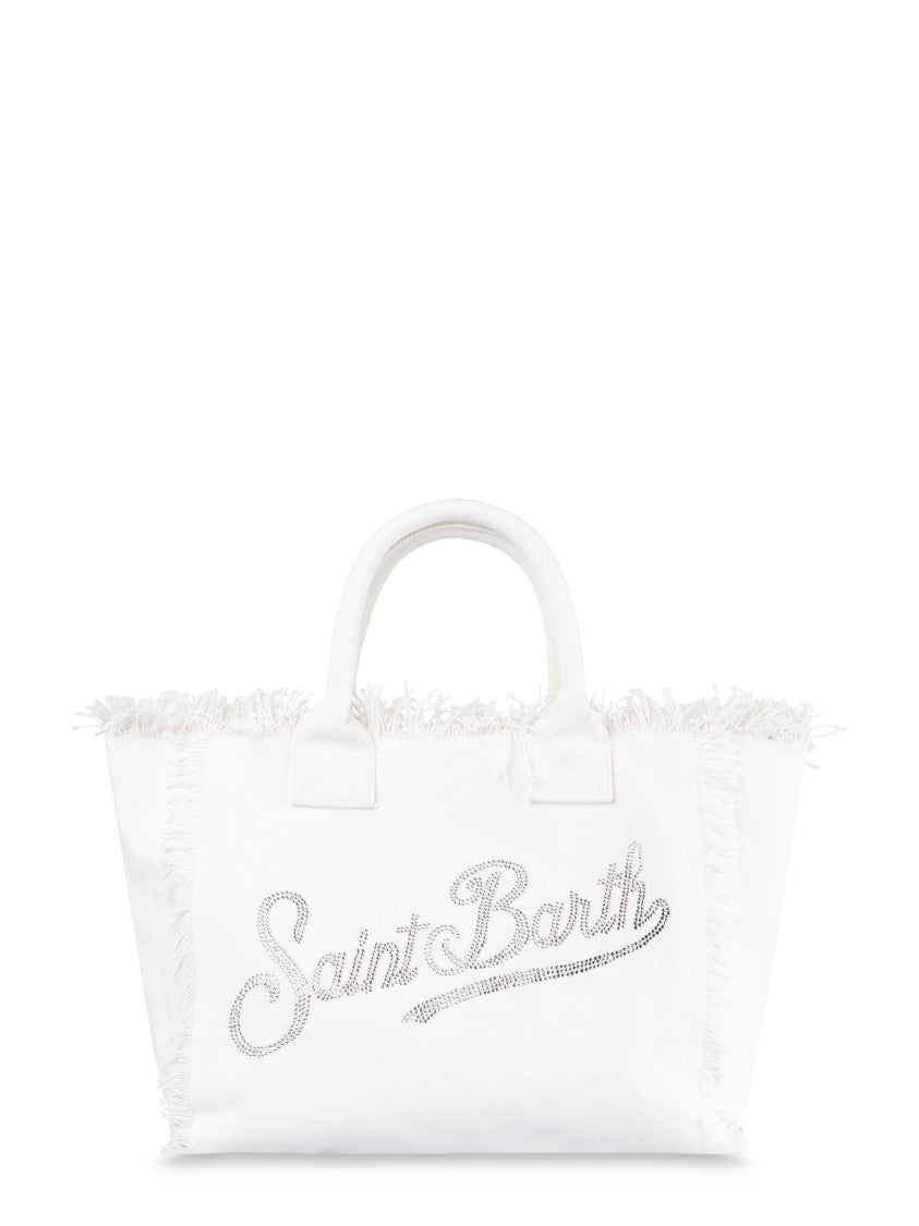Mc2 Saint Barth Rectangular Cotton Vanity Shoulder Bag With Rhinestone Logo