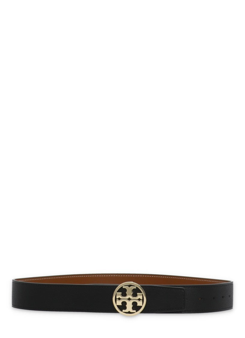 Tory Burch Black Brown Iconic Metal Buckle Reversible Leather Belt