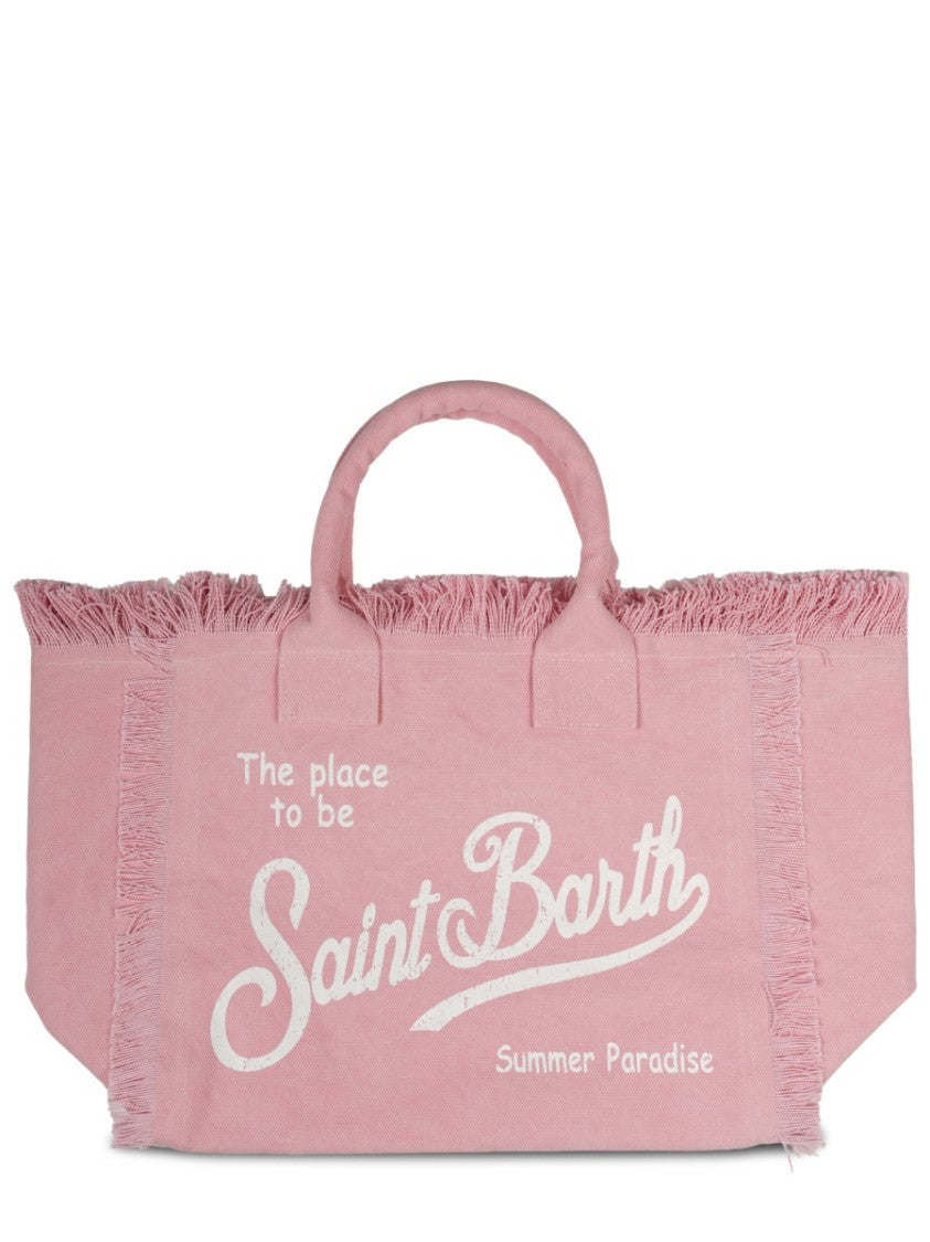 Mc2 Saint Barth Rectangular Cotton Tote Bag With Fringed Edges And Casual Script