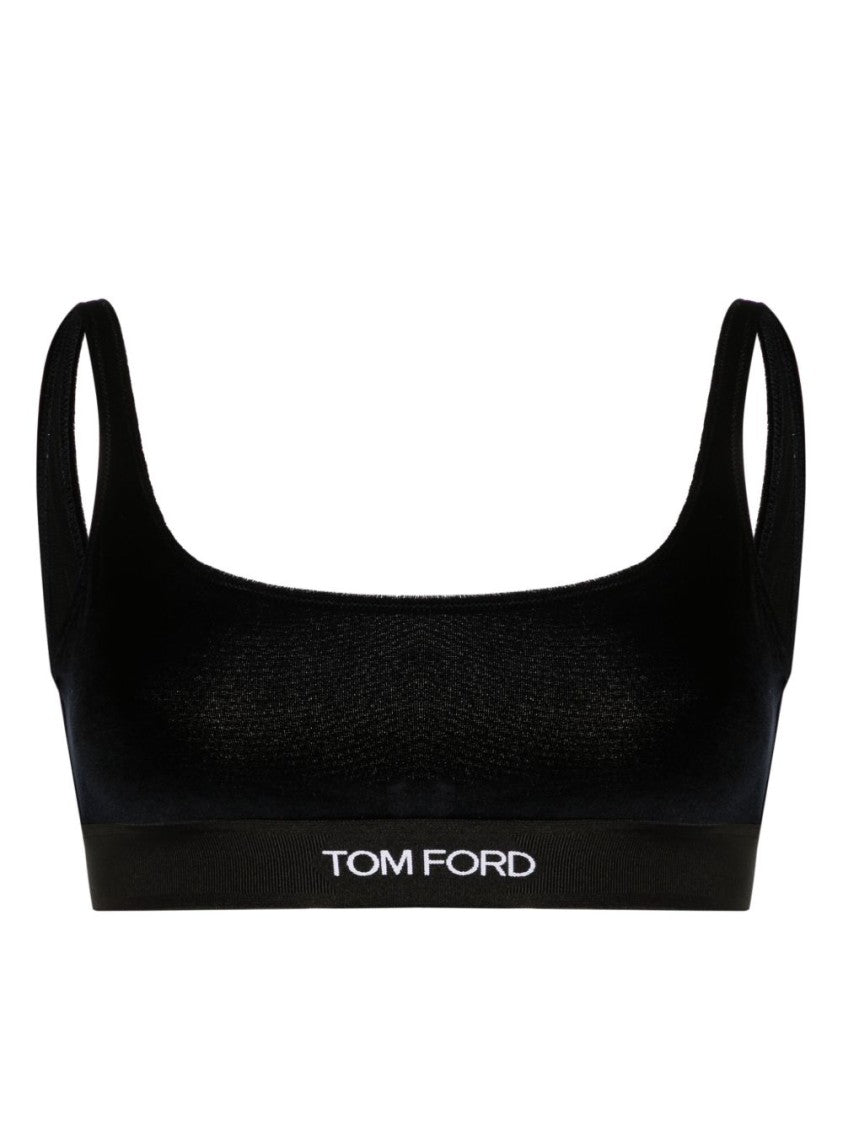 Tom Ford Midnight Blue Velvet U-Neck Top With Logo Underband