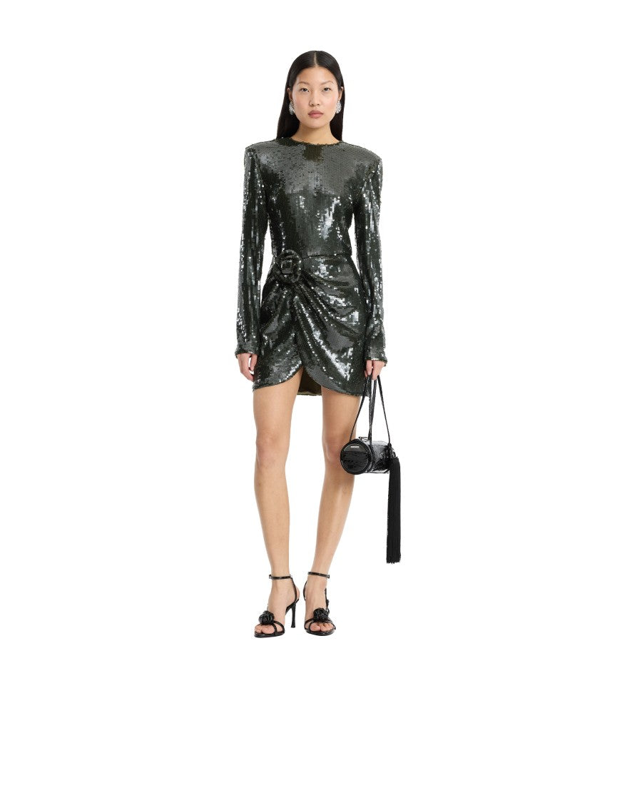 Rotate Fitted Dark Olive Sequined Mini Dress With Draped Detail