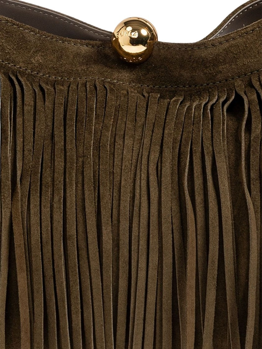 Furla Sfera L Fringe Gold Clasp Suede Handbag
