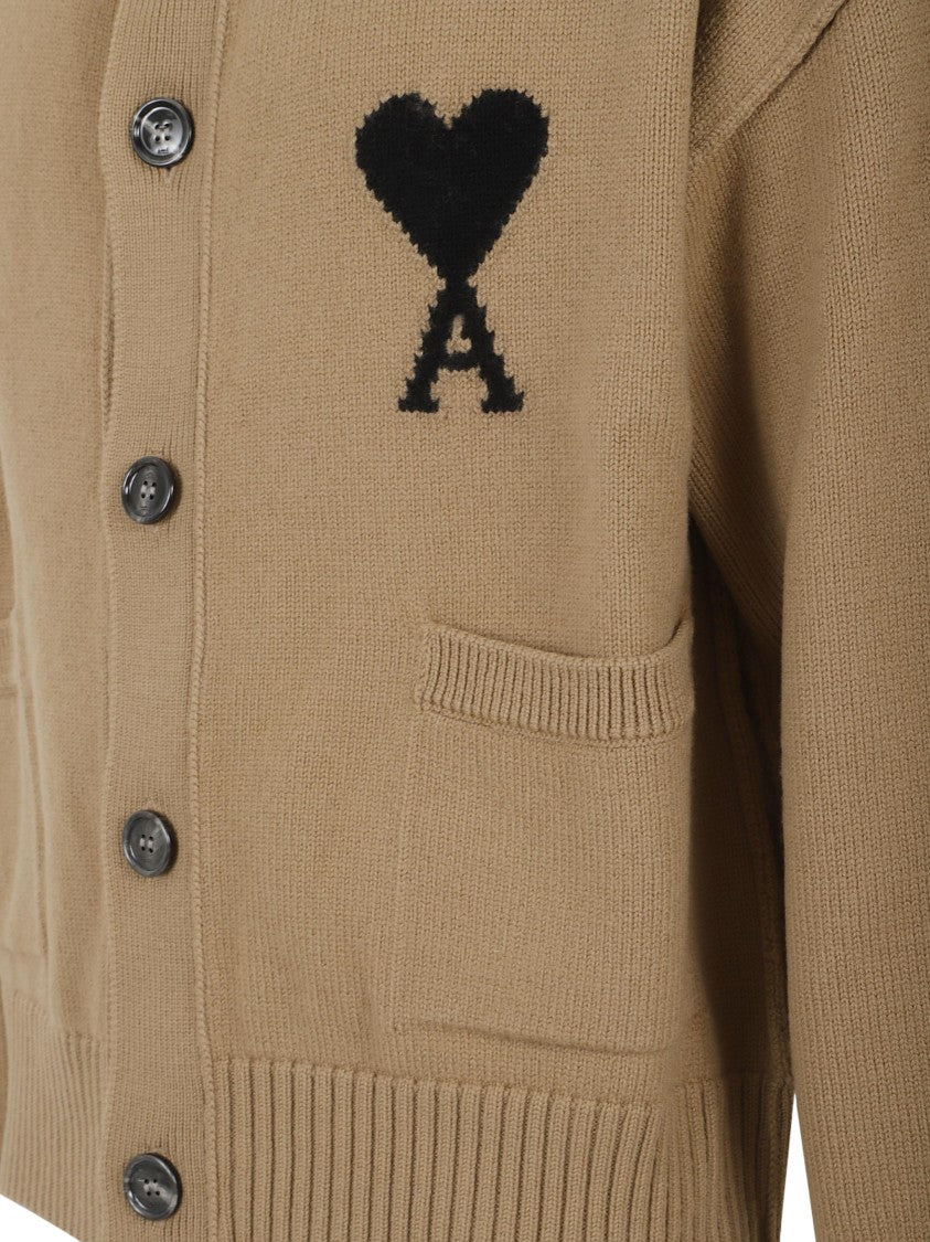 Ami Paris Brown Wool Cardigan With Embroidered Heart Detail
