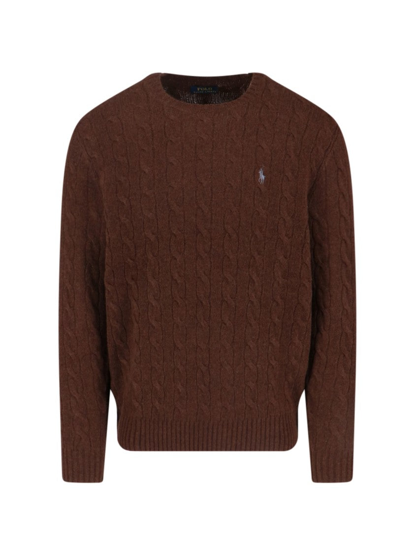 Polo Ralph Lauren Brown Cable-Knit Sweater With Contrast Logo Embroidery
