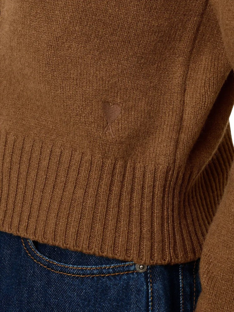 Ami Paris Brown Ami De Coeur Cropped Embroidered Cashmere-Blend Cardigan