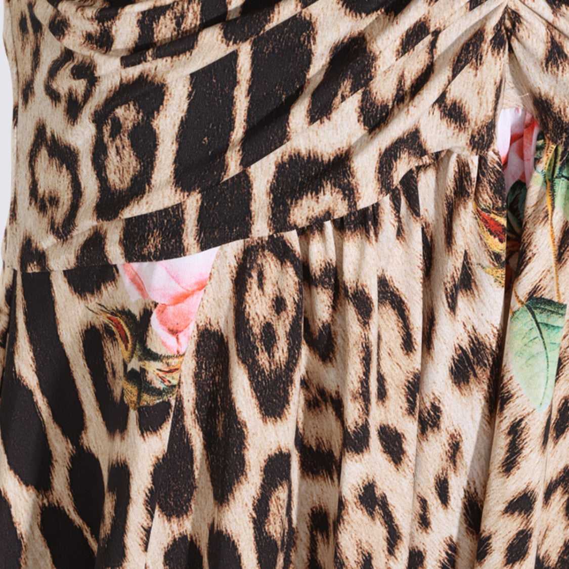 Roberto Cavalli Leopard Print Maxi Dress With Floral Accents And Ruched Detailing