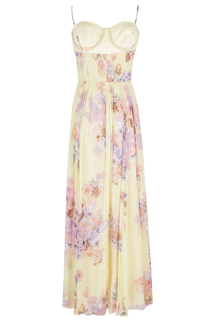 Hemant & Nandita Yellow Kysha Corsetted Floral Viscose Maxi Dress