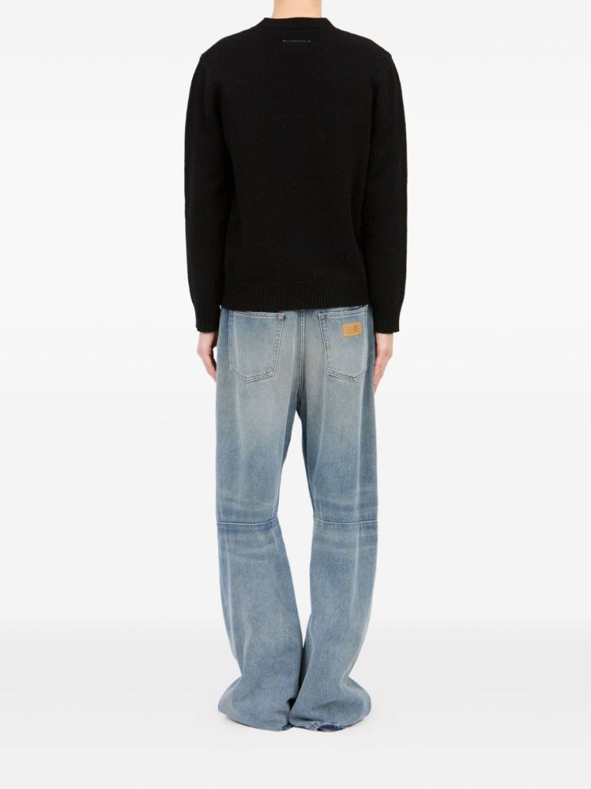 Mm6 By Maison Margiela Crew Neck Black Sweater With Ribbed Details