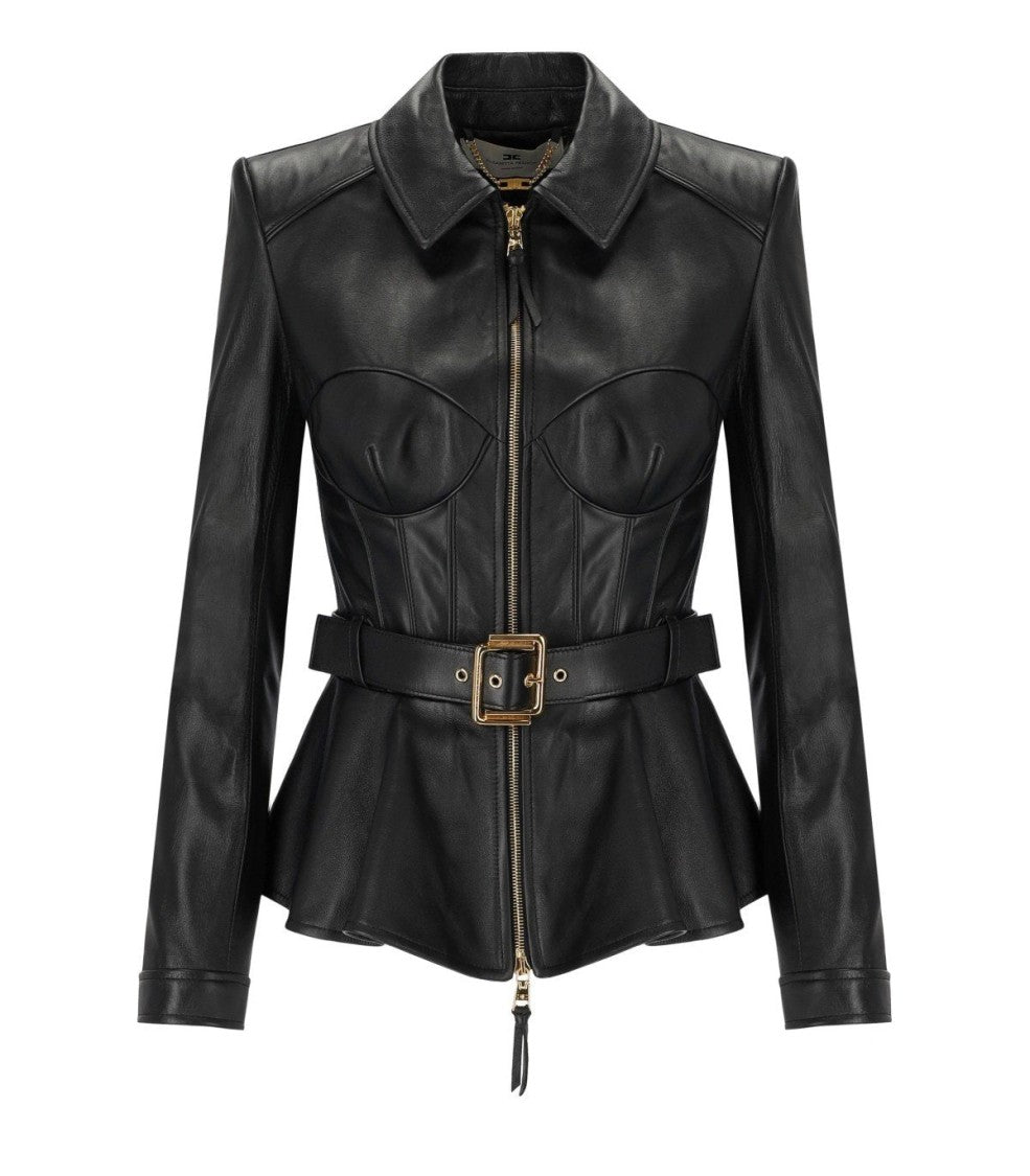 Elisabetta Franchi Black Leather Belted Jacket