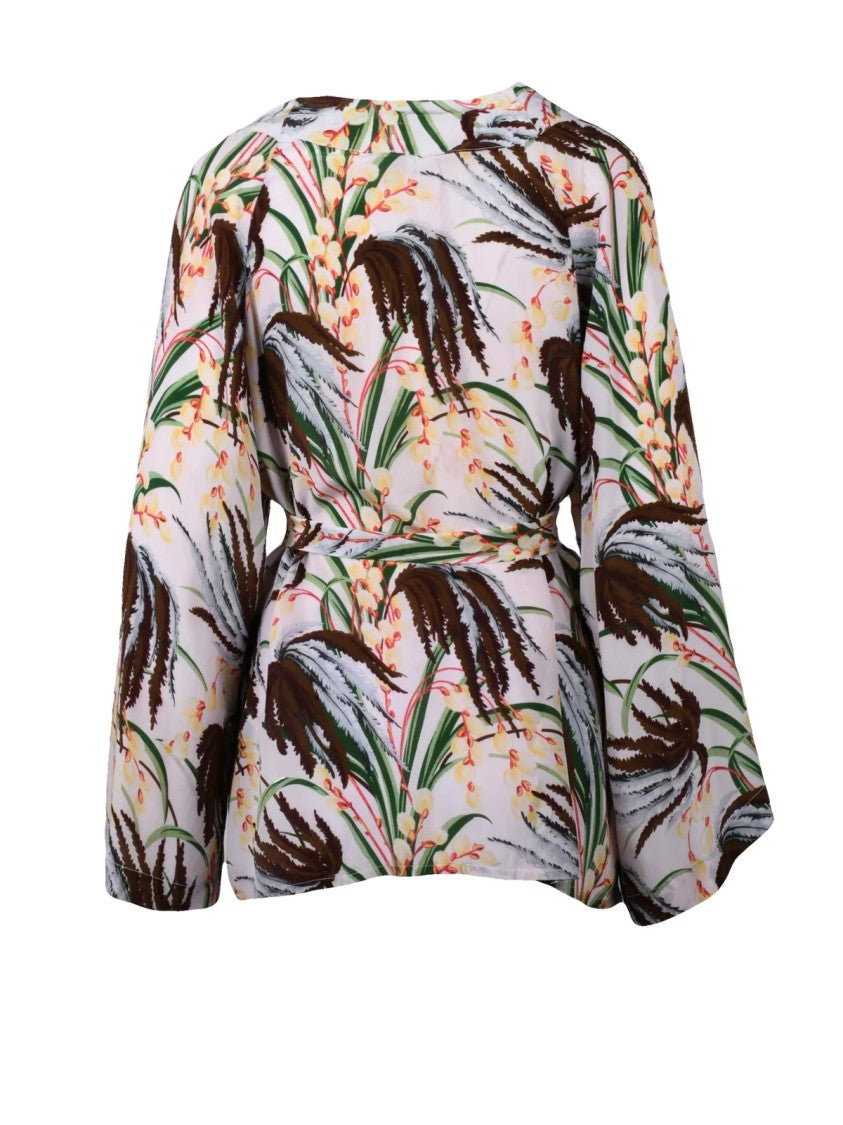 P.A.R.O.S.H. Multicolor Botanical Print Belted Viscose Blouse
