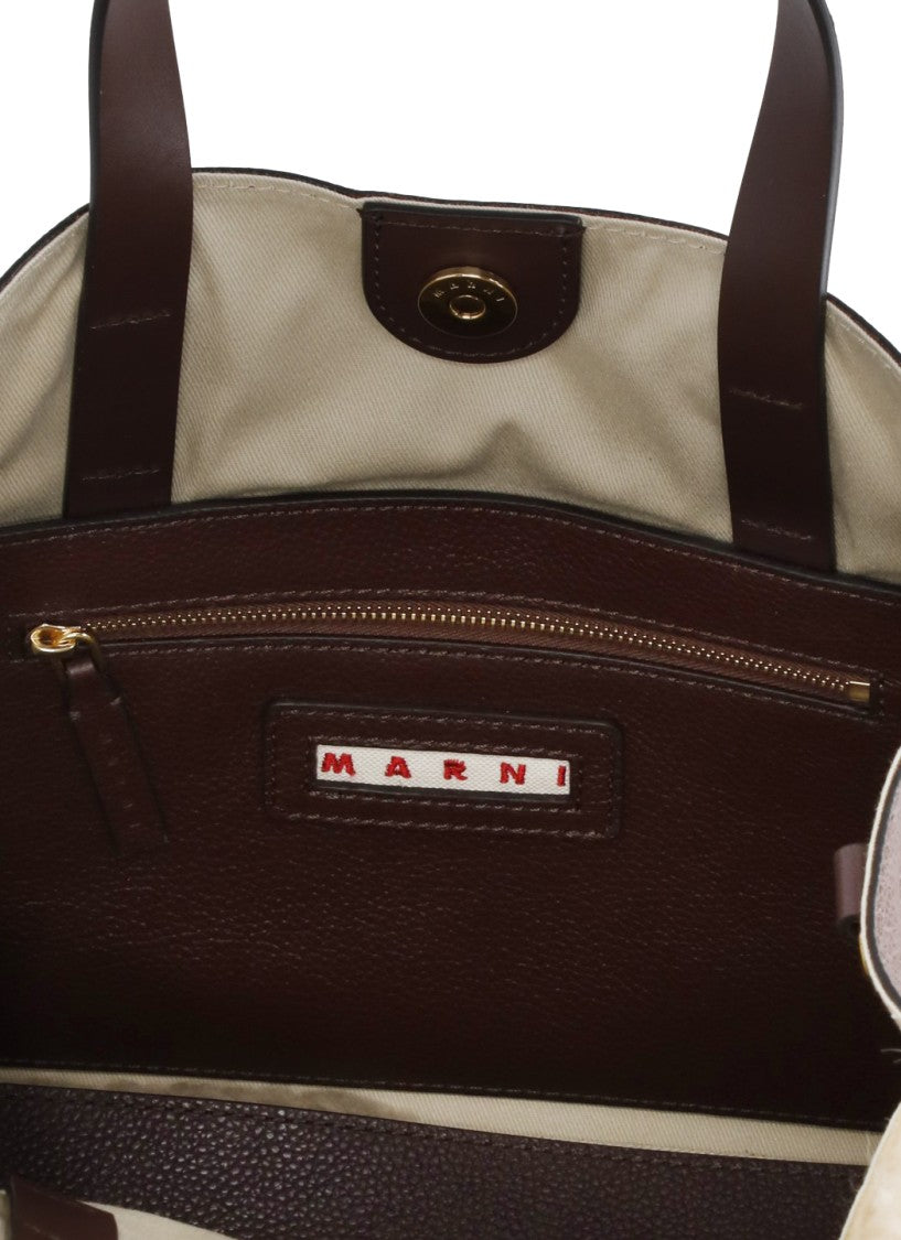 Marni Beige Fur-Front Gold Logo Leather Shoulder Bag