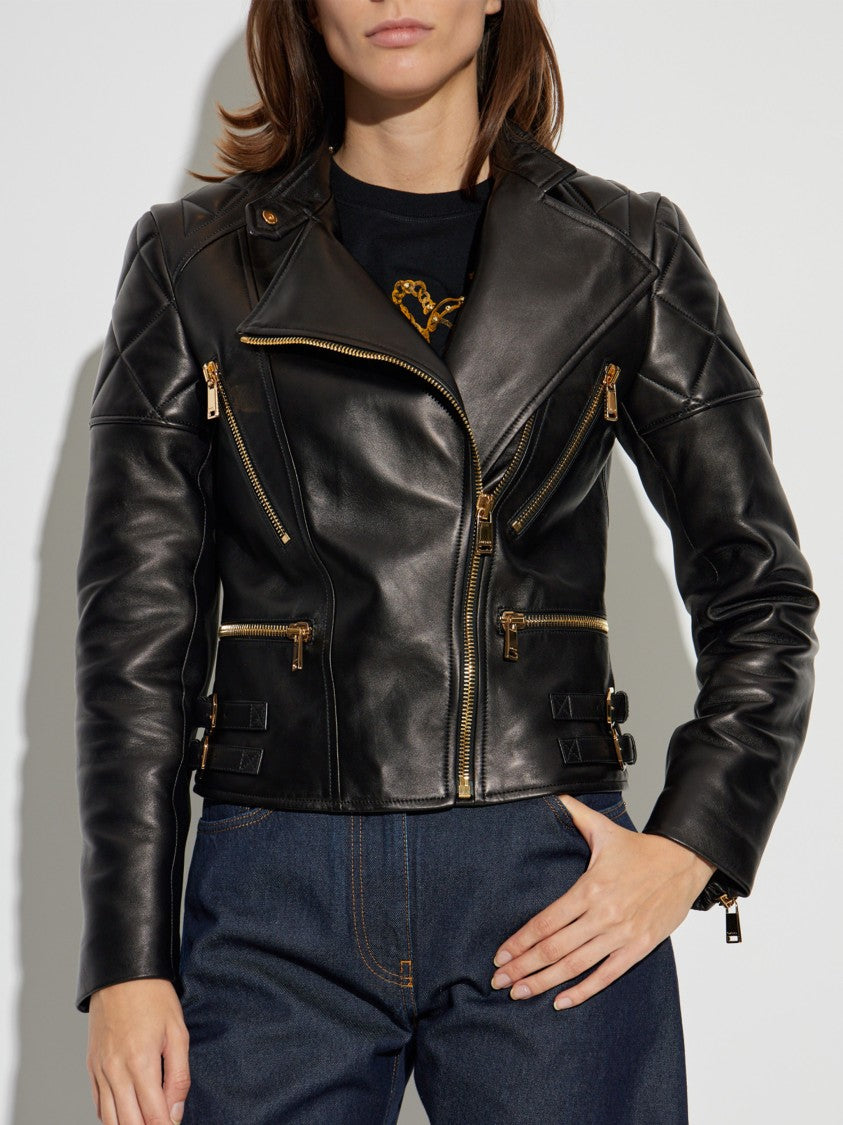 Versace Black Agnello Quilted Leather Biker Jacket
