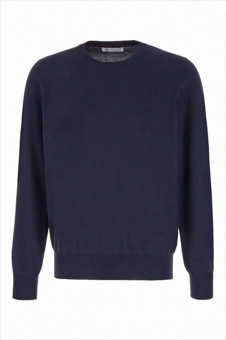 Brunello Cucinelli Crew Neck Knit Sweater In Deep Navy Cotton