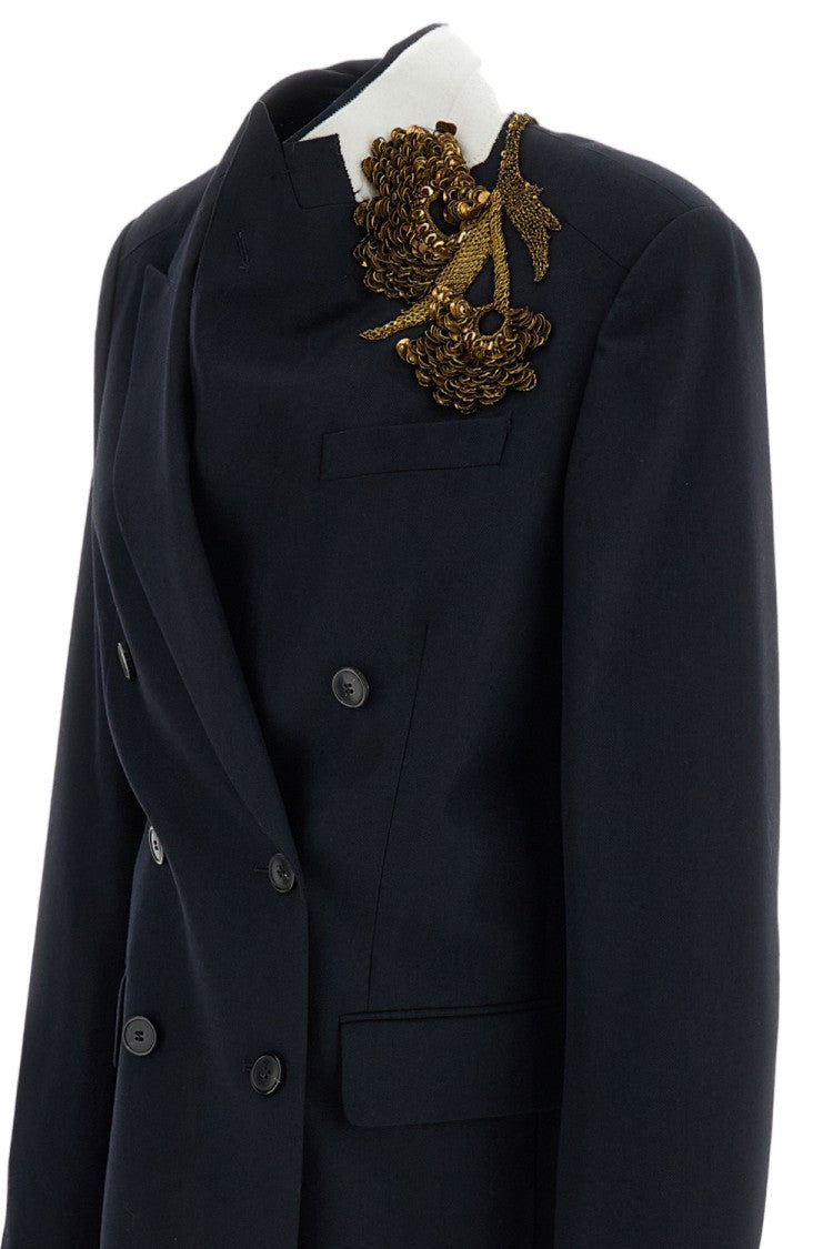 Dries Van Noten Blue Floral Embroidered Pure Wool Twill Double-Breasted Blazer