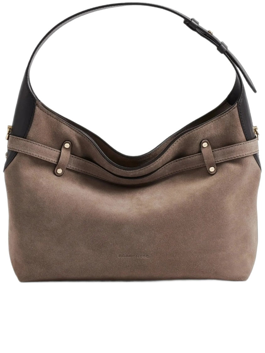 Borbonese Medium-Sized Suede Hobo Bag With Adjustable Strap And Decorative Detail