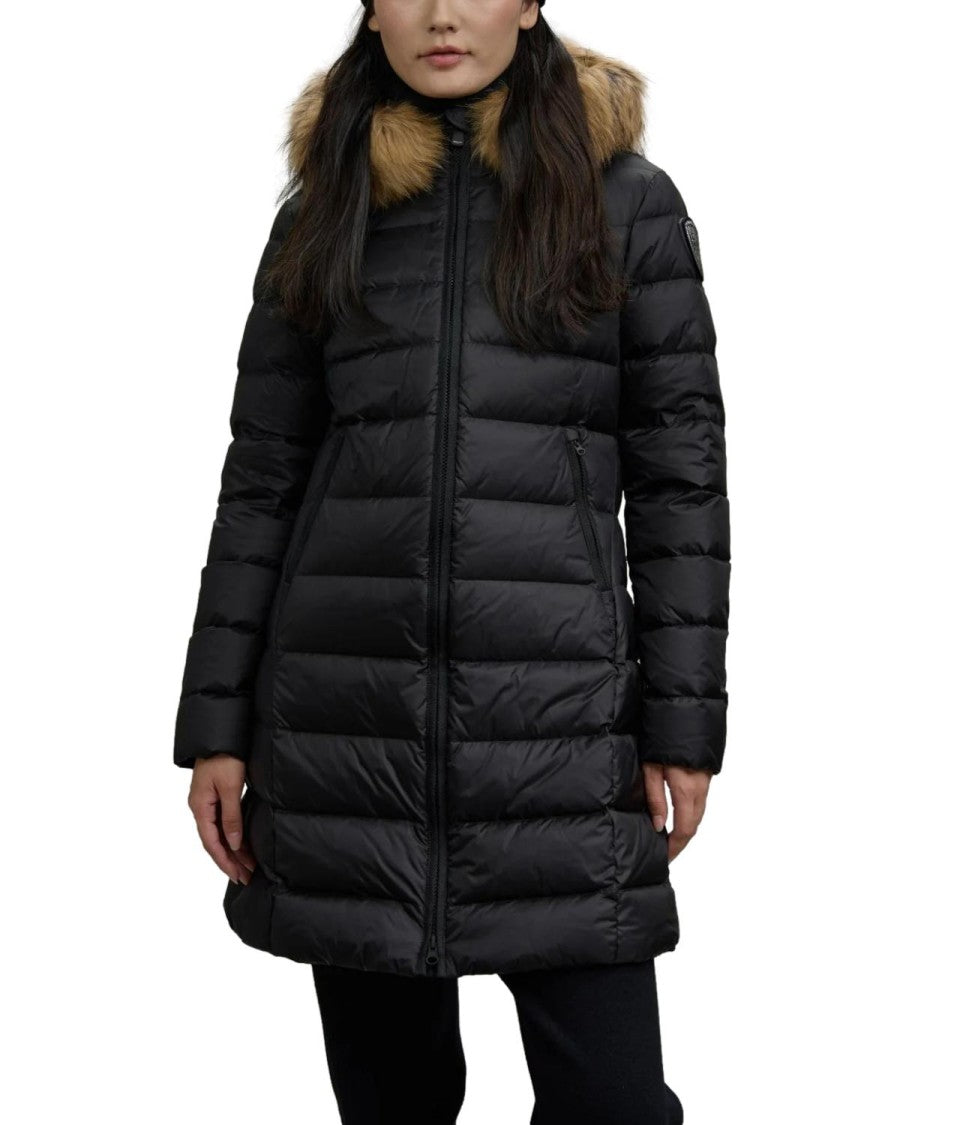 Blauer Long Quilted Fur Trim Fitted Coat