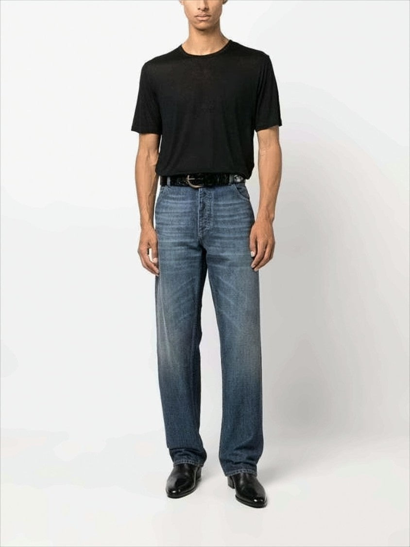 Saint Laurent Short-Sleeved Black Rayon T-Shirt With Tonal Branding