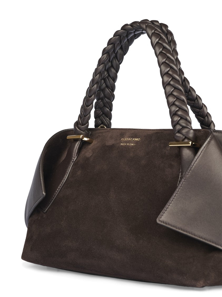 Ferragamo Brown Suede Handbag With Braided Leather Handles