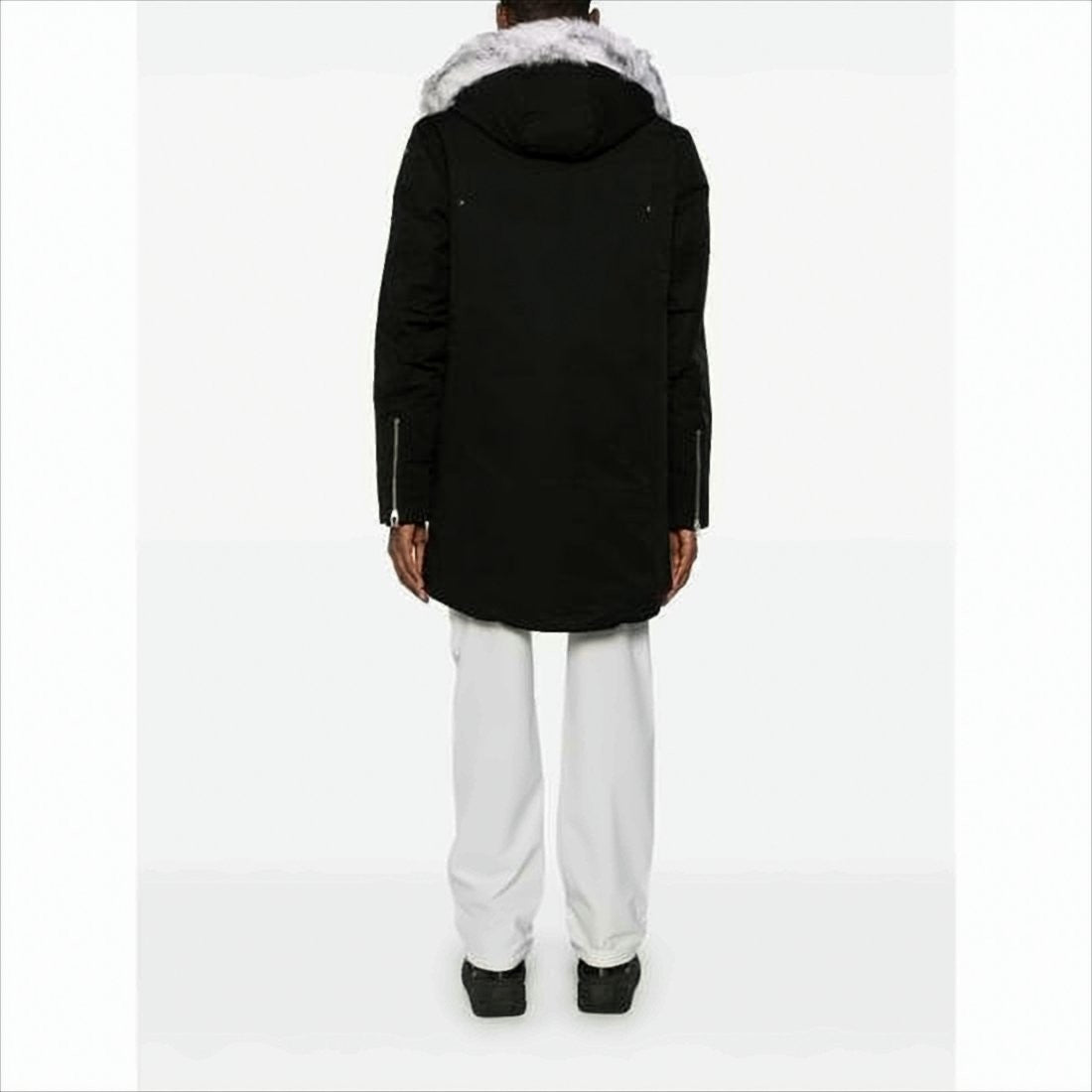 Moose Knuckles Hooded Long Black Padded Coat With Fur Trim And Multiple Pockets