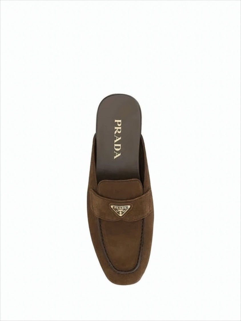 Prada Brown Suede Slip-On Flats With Metallic Emblem