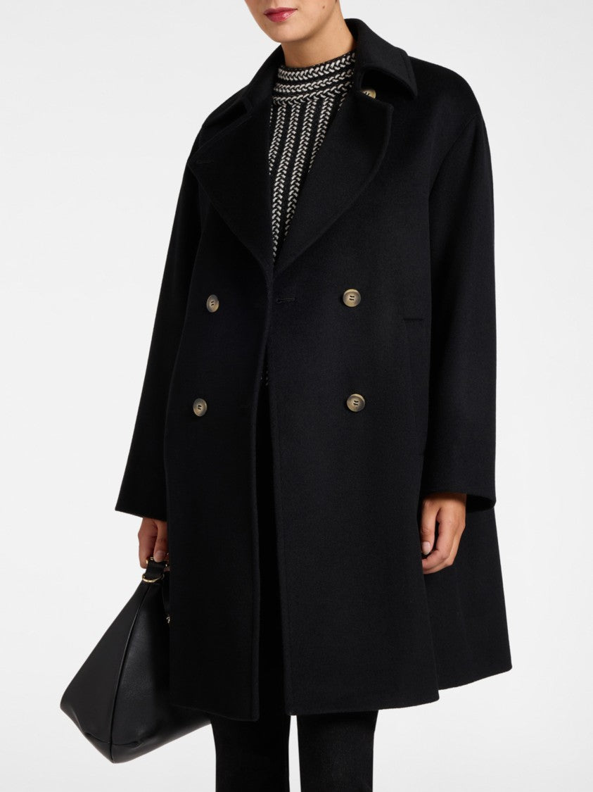 Elena Miro` Double-Breasted Black Wool Coat With Draped Silhouette