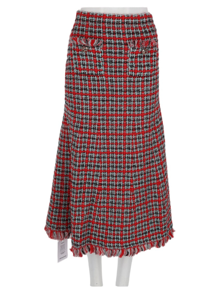 Self-Portrait Red Plaid Fringed Hem Flap-Pocket Cotton-Blend Skirt