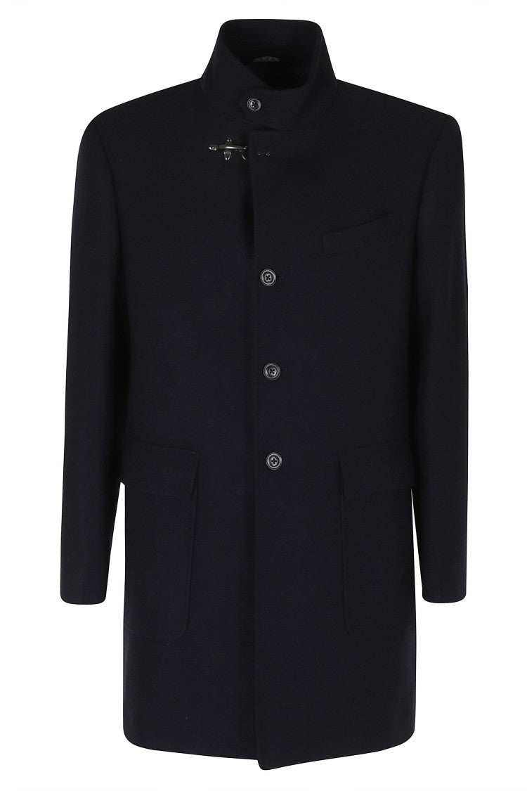 Fay Denim Blue Duty High Neck Structured Wool Coat