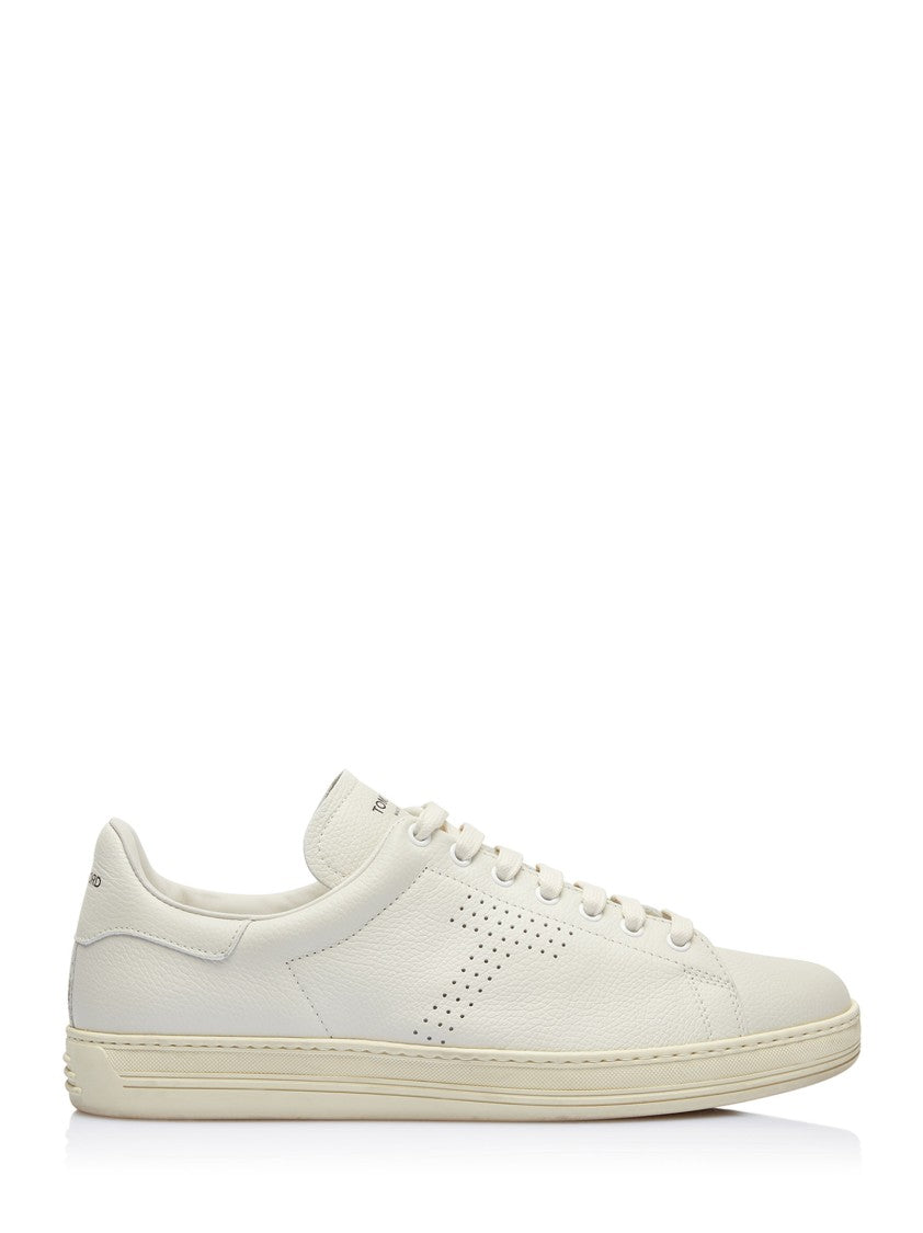 Tom Ford Cream-White Grained Leather Sneakers With Perforated Logo