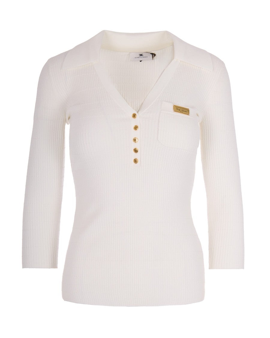 Elisabetta Franchi Ivory Ribbed Sweater With Pocket