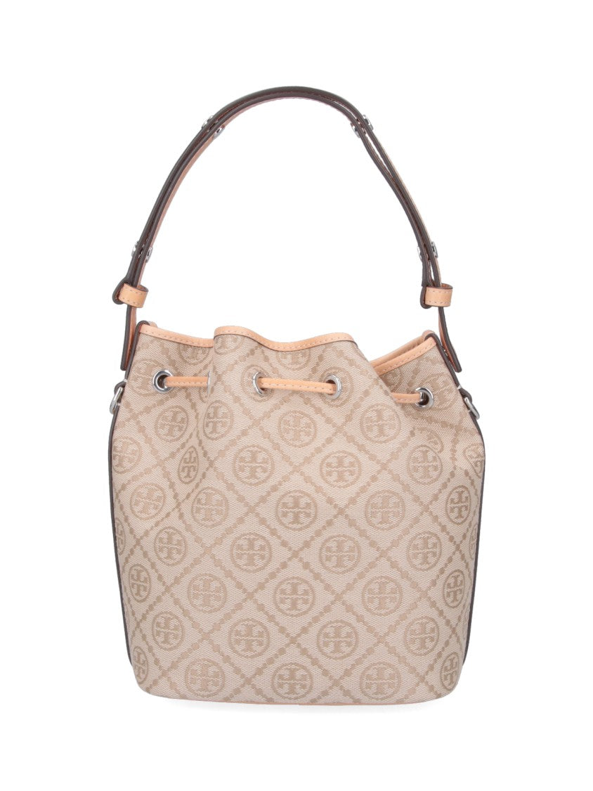 Tory Burch Medium Bucket Bag With Beige Monogram Pattern